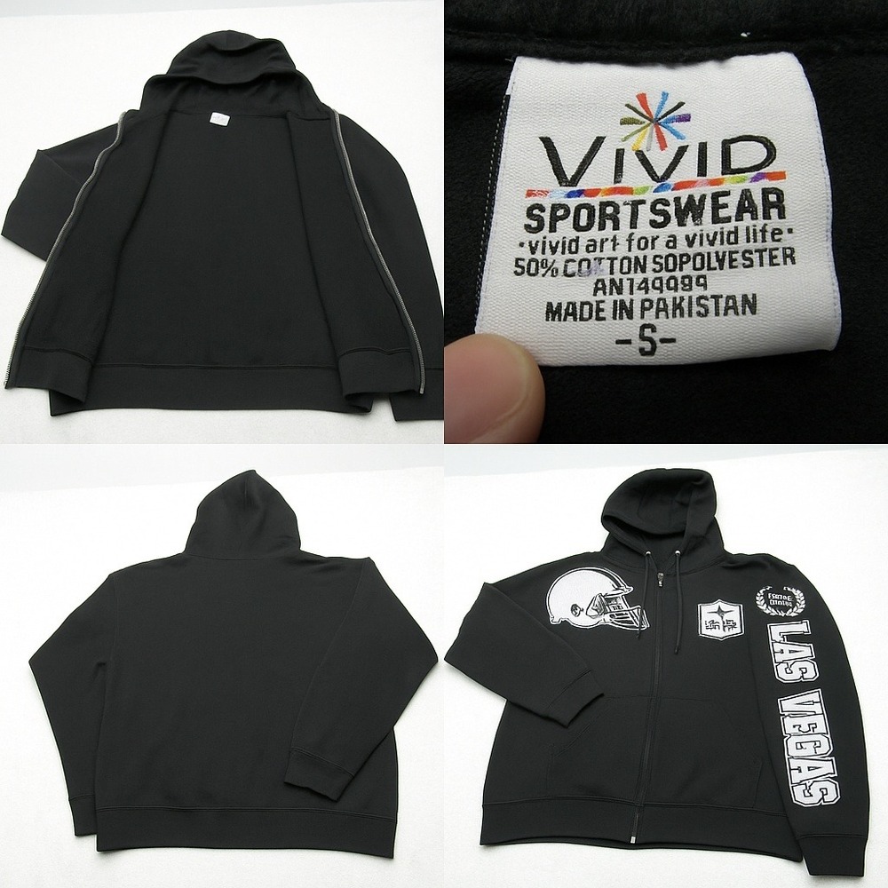 Las Vegas Raiders Hoodie Mens Small Vivid Sportswear‎ Black Zip NFL Football VTG